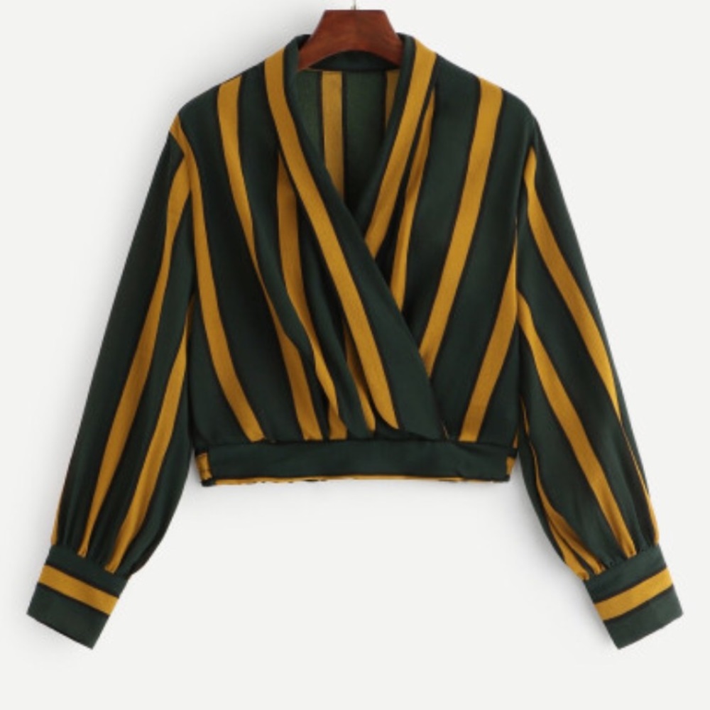 Lantern Sleeve Contrast Striped Wrap Top